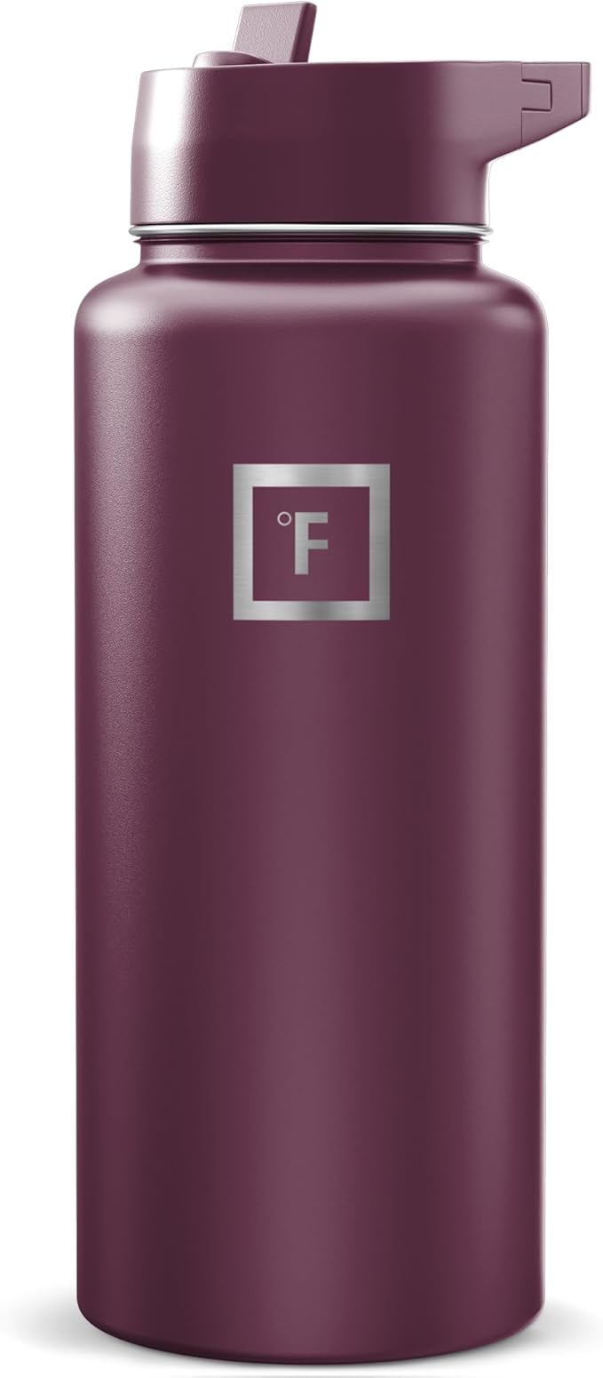 IRON °FLASK Camping & Hiking Hydration Flask with Straw, Wide Mouth Insulated Stainless Steel Sports Water Bottle - Burgundy 32 oz - Straw (1 Lid)