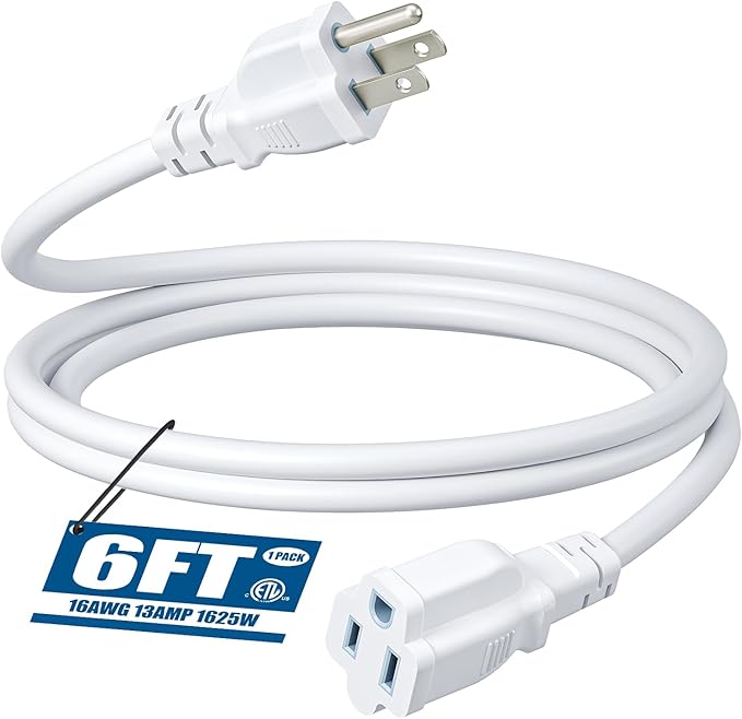 DEWENWILS Extension Cord 6 FT, 3 Prong Waterproof Extension Cable for Lights, Indoor Outdoor Appliances, 16/3 SJTW, White, ETL Listed, 1 Pack