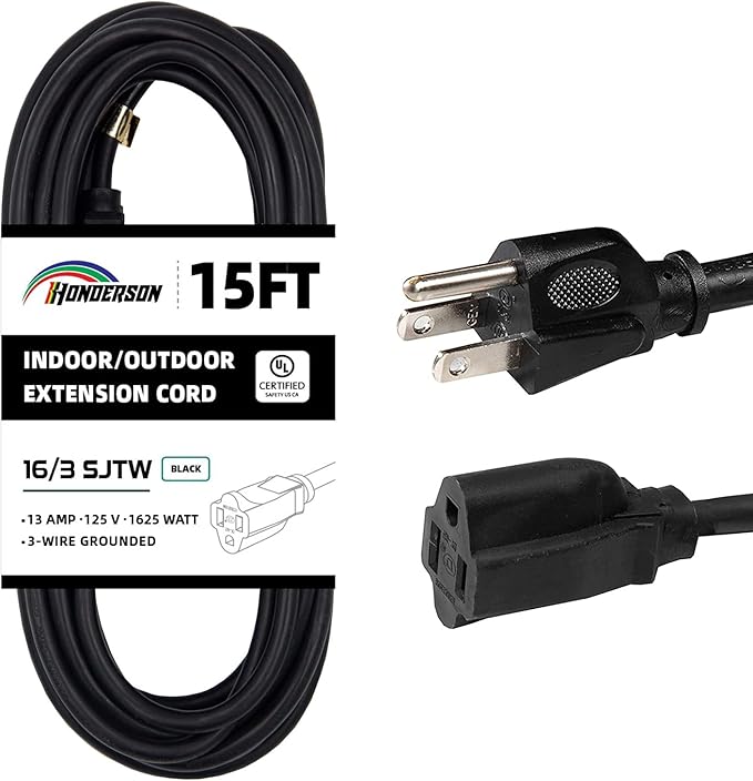 15FT Outdoor Extension Cord-16/3 SJTW Durable Black Extension Cable with 3 Prong Grounded Plug for Safety,Great for Outside Christmas Decorations