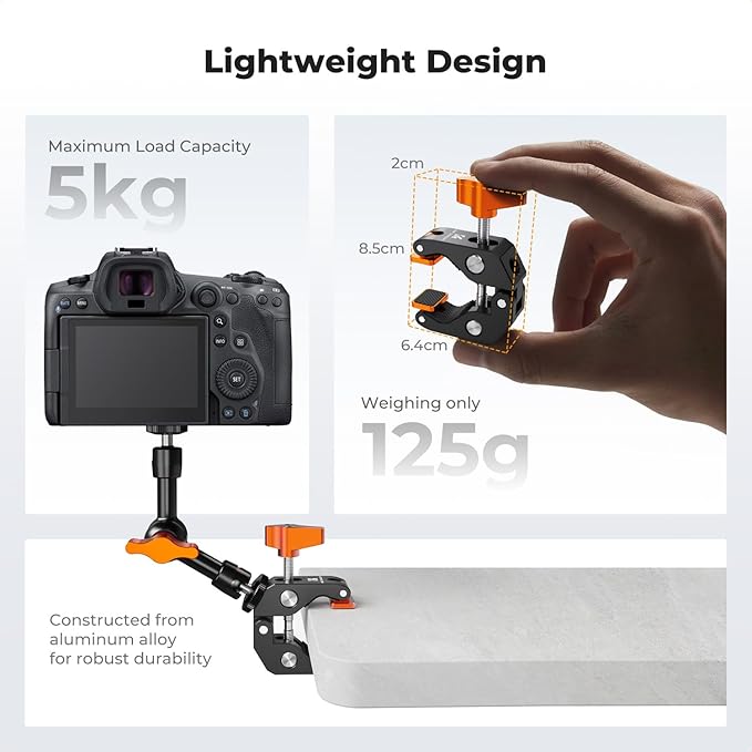 K&F CONCEPT Camera Mount Clamp, Super Crab Clamp with Rotatable Clamping Block, 1/4" and 3/8" Thread Holes for Round Pipe Flat Surface, Camera Mounts, and Other Photographic Accessories