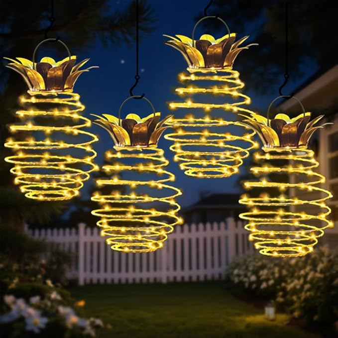 JHPGEOE 4 Pack Outdoor Solar Hanging Lantern Lights - 60LED Waterproof Solar Pineapple Light Outdoor for Garden,Yard Porch Lawn Backyard Landscape Pathway Patio Outside Gardening