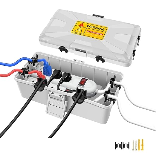 NineLeaf Outdoor Electrical Box,Weatherproof Connection Box w/6 Cable Entry,IP54 Waterproof Extension Cord Cover Protect Power Strips,Timer,Plug,Holiday Lights,10.3x5.9x3.7”,Grey
