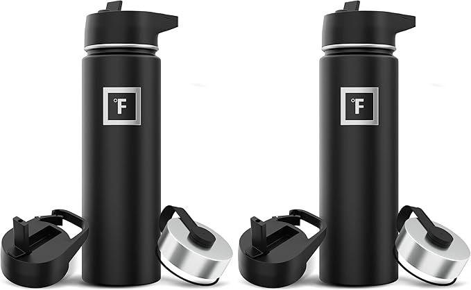 IRON °FLASK Camping & Hiking Hydration Flask with 3 Lids - Stainless Steel, Double Walled & Vacuum Insulated Water Bottle - Leak Proof & BPA Free (Midnight Black, Straw - 22 oz) (Pack of 2)