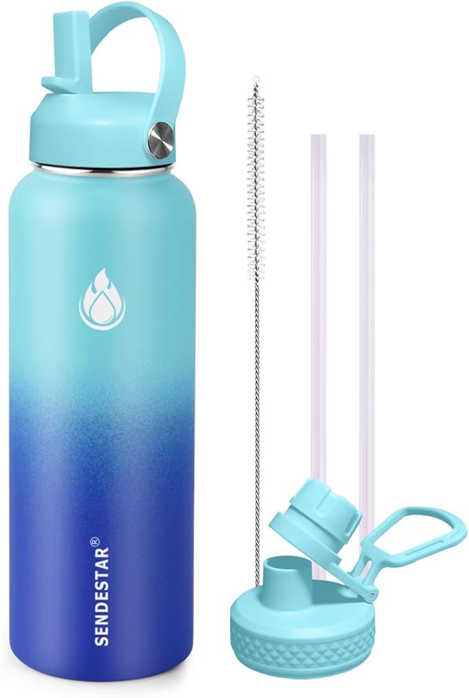 SENDESTAR Stainless Steel Wide Mouth Water Bottle 32oz Double Wall Vacuum Insulated Leak Proof Bottle with New Flex Straw Lid & Spout Lid XIN-MC-1000-1
