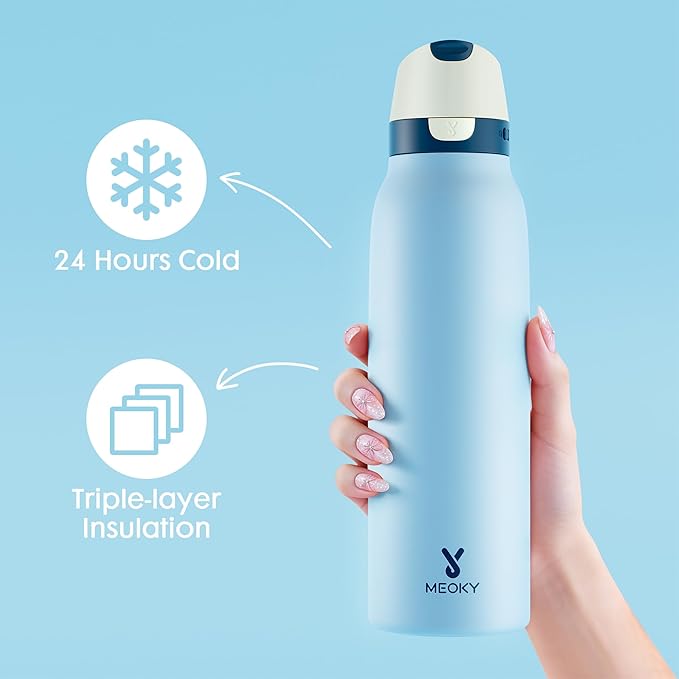 Meoky 24 oz Travel Water Bottle Insulated: Leak Proof Locking Lid, 2-in-1 Straw and Spout, 24 Hours Cold, Top Handle, Fits in Car Cup Holder, Stainless Steel Slim Water Bottle for Hiking, Cove