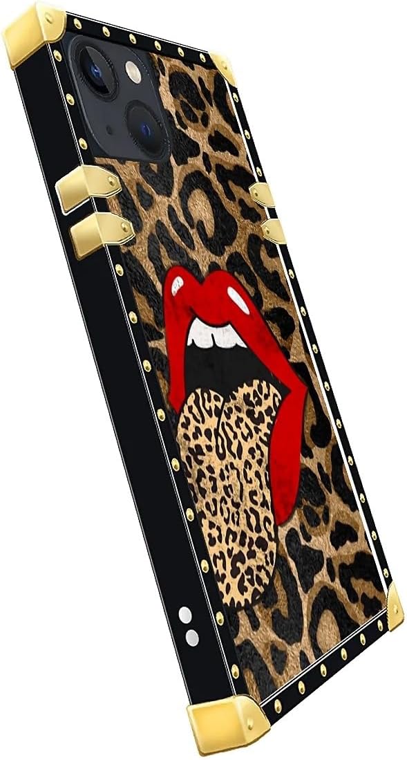 Compatible with iPhone 13 Case, Brown Leopard Print Mouth Luxury Golden Decoration for Girl Women Soft TPU Shockproof Protective Hard PC Back for iPhone 13