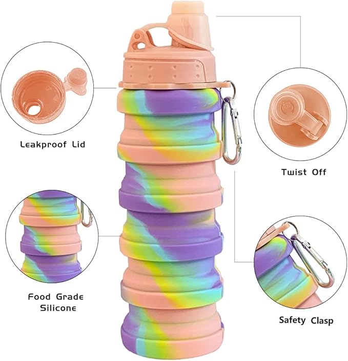 Collapsible Travel Bottles 2 Pack - Portable Hiking Bottles, Leak Proof 500ML, Reusable BPA Free Silicone (Pink+Rose Red)