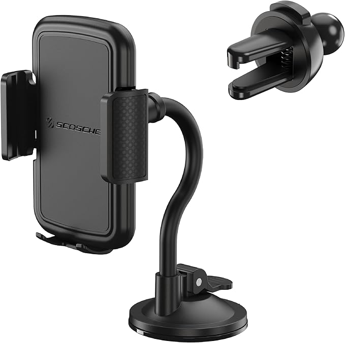 Scosche 4-in-1 Universal Suction Cup Cell Phone Holder for Car Vent/Dashboard/Console/Windshield, Adjustable Hands-Free Phone Car Mount, Cellphone Stand Compatible with iPhone 16/15/14/13/12 & Android