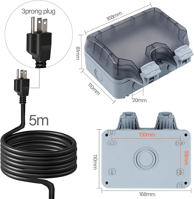Outdoor Power Outlet Box with 16.4Ft Extension Cord, NEMA 5-15R, STW 14 AWG, Weatherproof Waterproof IP66 Electrical Outlet Extender, Exterior Wall Power Socket w/Cover for Garden
