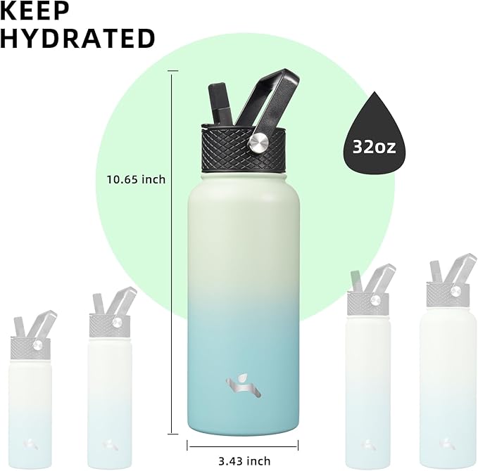Konokyo 32 oz Insulated Water Bottle Stainless Steel Sport Bottles with 3 Lids,Mint