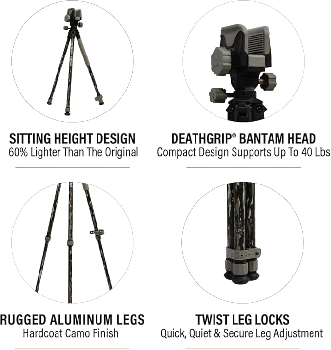 BOG DeathGrip Aluminum Tripod with Durable Frame, Lightweight, Stable Design, Bubble Level, Adjustable Legs, Shooting Rest, and Hands-Free Operation for Hunting, Shooting, and Outdoors