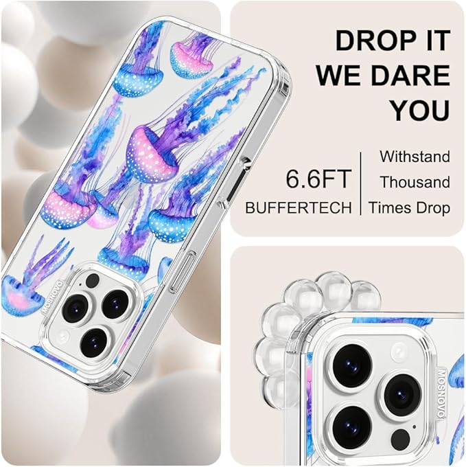 MOSNOVO for iPhone 16 Pro Max Case, Shockproof Military-Grade Protection 6.6ft Drop Tested, Clear Phone Case for iPhone 16 Pro Max, Mystic Jellyfish Design