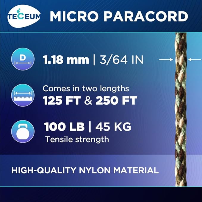 TECEUM Micro Paracord – 1.18 mm X 125 ft – Micro Utility Cord – Thin Braided Paracord Rope – Best for Crafting, DIY Projects, Fishing, Camping – Wind Chime Replacement – Survival Strong String