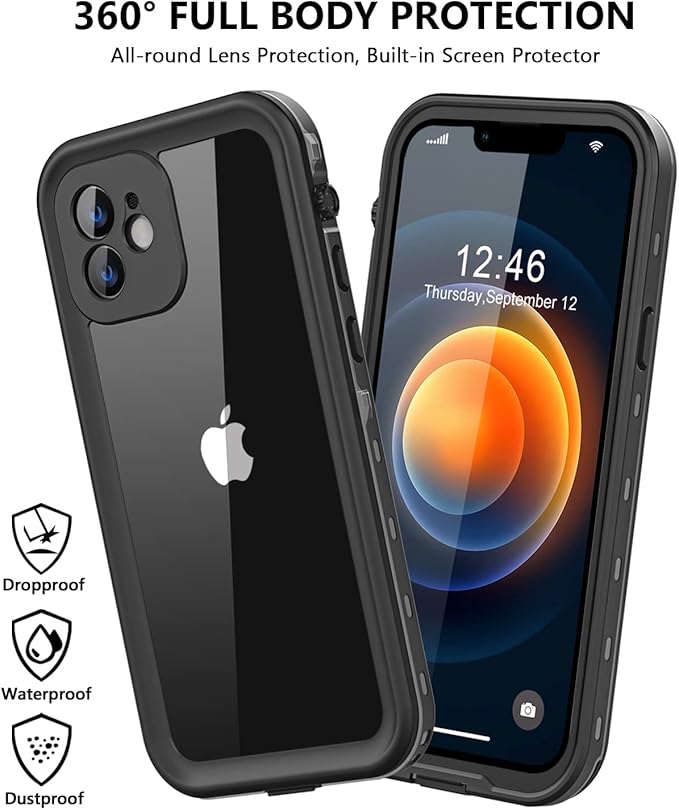 Protebox for iPhone 12 Waterproof Case with Built-in Screen Protector, Shockproof Dustproof Full Body Protective IP68 Waterproof Phone Case for iPhone 12 6.1 inch (Black/Clear)