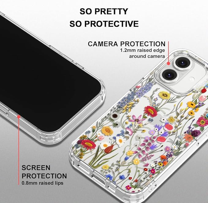 MOSNOVO Case for iPhone 16, [Buffertech 6.6ft Military-Grade Drop Protection] [Anti Peel Off Tech] Clear TPU Bumper Phone Case Cover Design - Wildflower Meadow