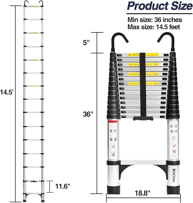 BOCOM 14.5 FT Aluminum Telescoping Ladder with Hooks, Lightweight Multi-Purpose Collapsible Extension with 2 Triangle Stabilizers, Heavy Duty 330 lbs Max Capacity for Home, RV, and Outdoor Work Silver
