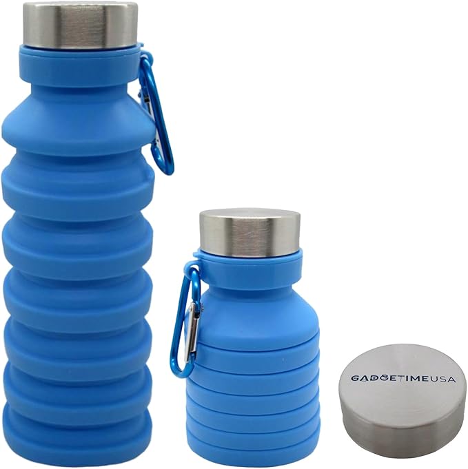 Gadgetime USA Collapsible Water Bottle (Blue) - Reusable, BPA Free, Silicone, Foldable Portable & Leak Proof - Water Bottles for Travel Gym Camping Hiking - Sports Water Bottle with Carabiner