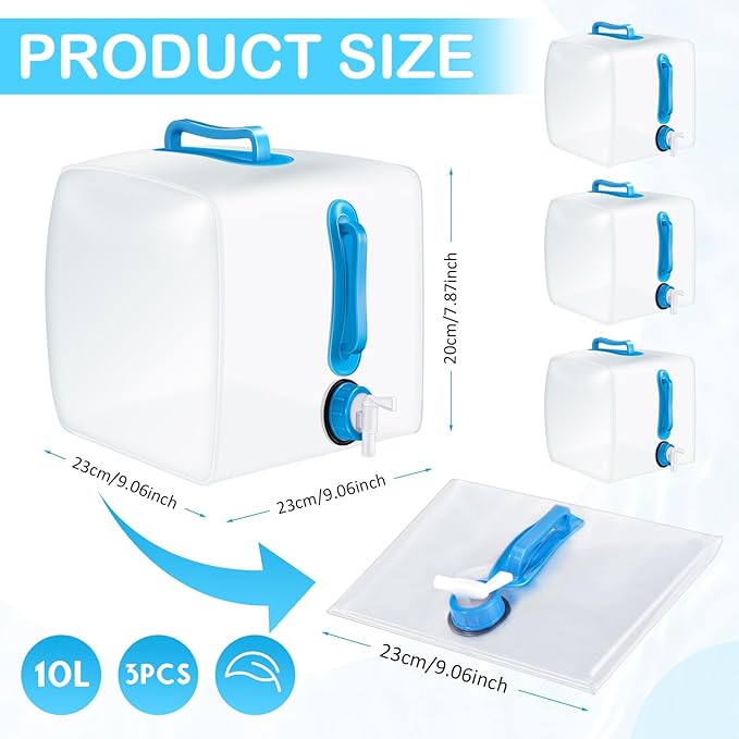 Reallnaive 3 Pack Collapsible Water Container with Spigot, Foldable Camping Water Container Portable Camping Storage Carrier Jug for Outdoors Hiking Emergency Kit Backpack(Blue,2.6 Gallon)