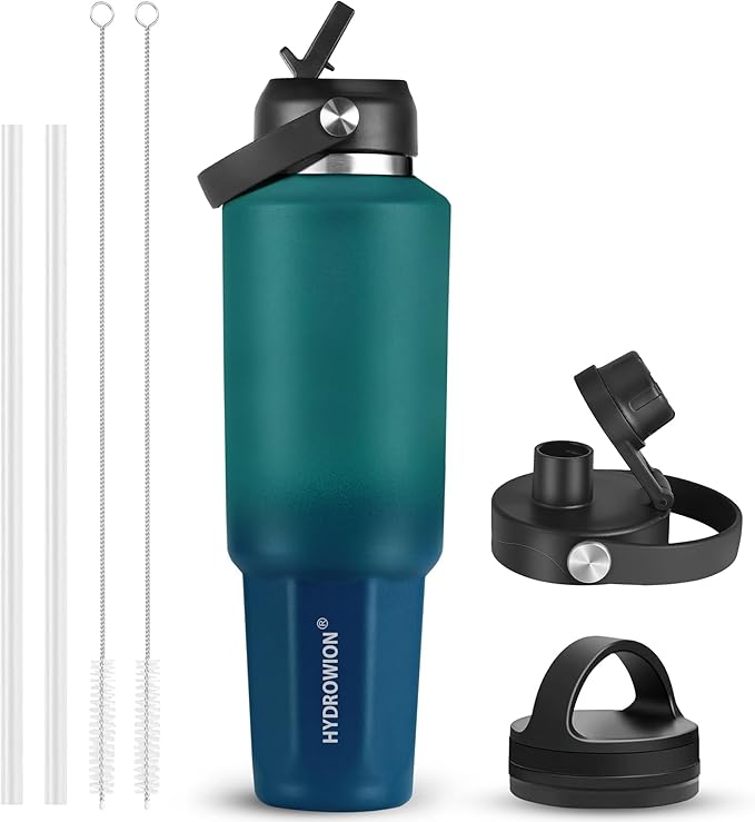 HYDROWION 32 oz Insulated Water Bottle, Car Water Bottle Holder - Double Wall Vacuum Insulated Travel Bottle with Straw Lid, Spout Lid and Flex Cap - Cold for 24H, Hot for 12H, Blue - Lake Green