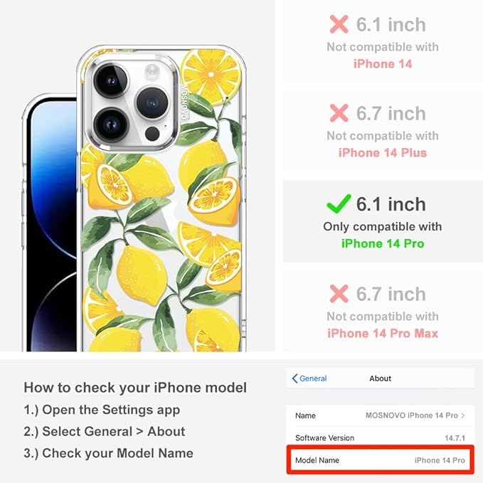 MOSNOVO Case for iPhone 14 Pro, [Buffertech 6.6ft Military-Grade Drop Protection] [Anti Peel Off Tech] Clear TPU Bumper Phone Case Cover Design - Lemon
