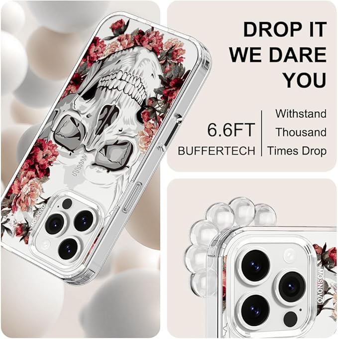 MOSNOVO Case for iPhone 16 Pro Max, [Buffertech 6.6ft Military-Grade Drop Protection] [Anti Peel Off Tech] Clear TPU Bumper Phone Case Cover Design - Red Flower Skull