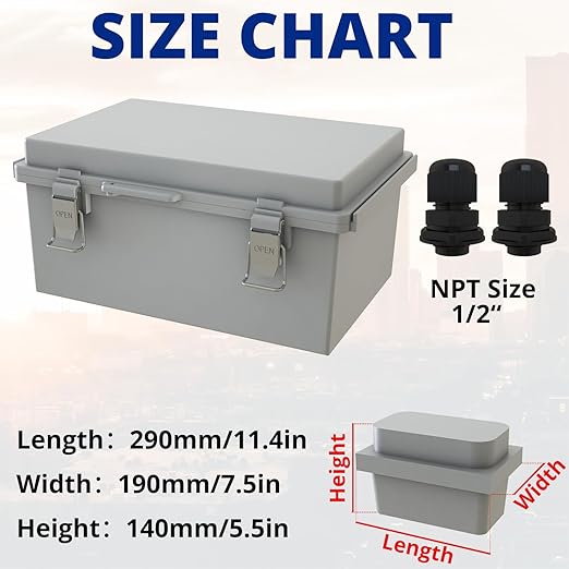 MAKERELE Gray Plastic Waterproof Electrical Box Outdoor,IP67 ABS with Hinged Cover,Weatherproof Mounting Plate,Wall Bracket,Stainless Steel Buckle and 1/2" NPT*2(11.4"×7.5"×5.5")