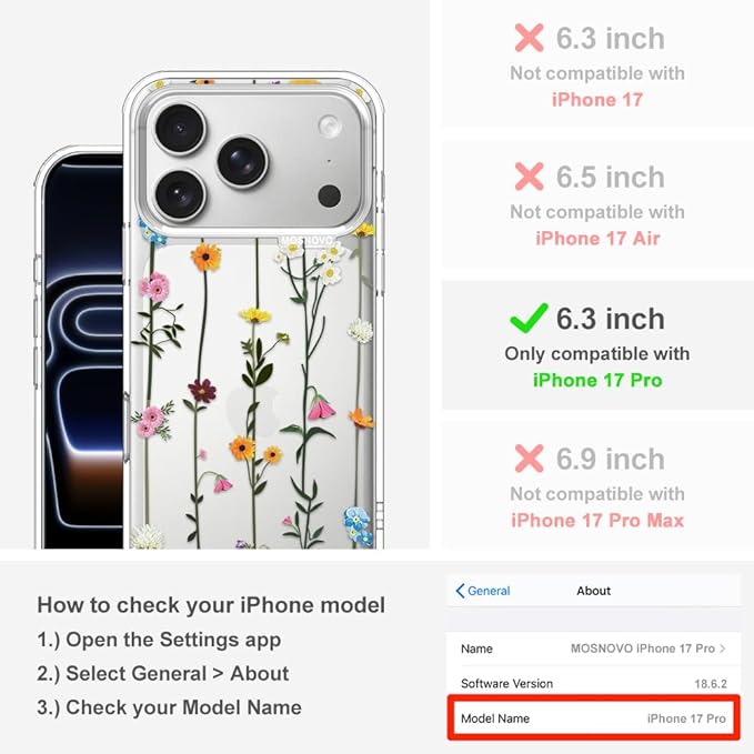 MOSNOVO for iPhone 17 Pro Case | Military Grade 6.6ft Drop Tested | Camera Control | Clear with Wildflowers Design