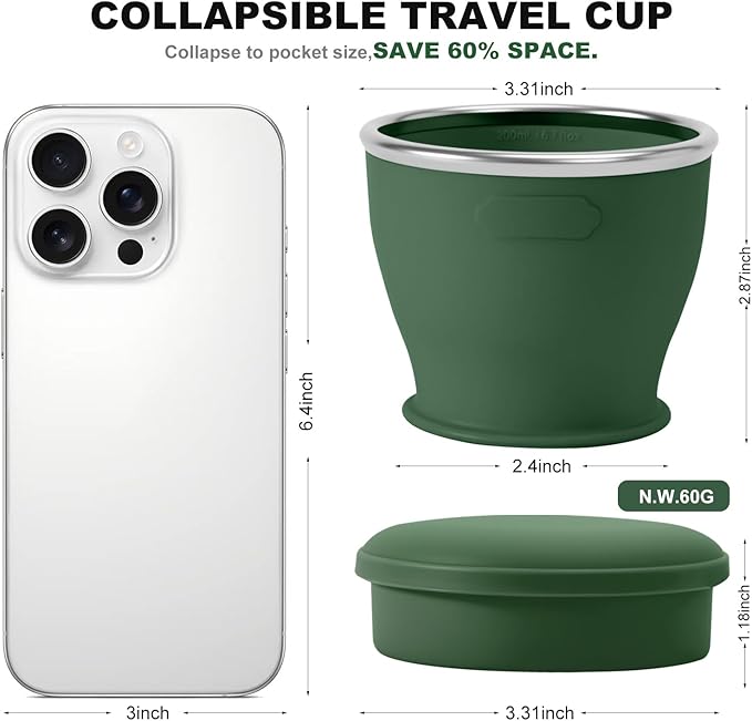 Collapsible Travel Cup, BPA-Free Reusable Water Cup, Lightweight Drinking Cups with Lids and Carrying Strap, Dishwasher Safe Silicone Cups for Camping, Travel, Airports, Hotel (6.7oz, Green)