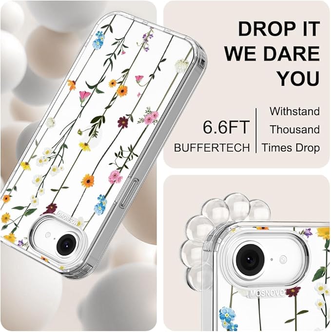 MOSNOVO for iPhone 17e Case/iPhone 16e Case, Shockproof Military-Grade Protection 6.6ft Drop Tested, Clear Phone Case for iPhone 16e / iPhone 17e, Wildflowers Design