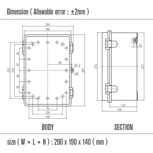 LeMotech Electrical Box, IP67 Waterproof Hinged Cover Stainless Steel Latch Junction Box, ABS Plastic Electrical Enclosure with Mounting Plate,Wall Brackets, Cable Glands,11.4"x7.5"x5.5",Grey