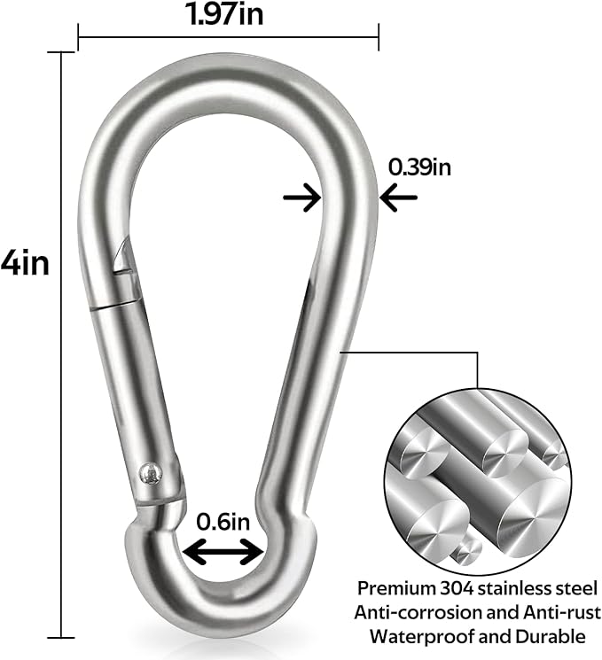 Locking Carabiner Clips, Stainless Steel Spring Snap Hook Locking Carabiner Heavy Duty - 304 Premium Stainless Steel Thumb Screw Carabiner Clip