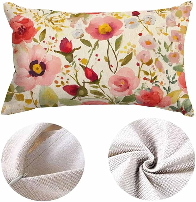 EKOBLA Peony Flower Decorative Throw Pillow Case Vintage Hand Drawn Floral Colorful Leaves Lumber Pillow Cases for Outdoor Square Couch Chair Cushion Cover Cotton Linen 12x20 Inches