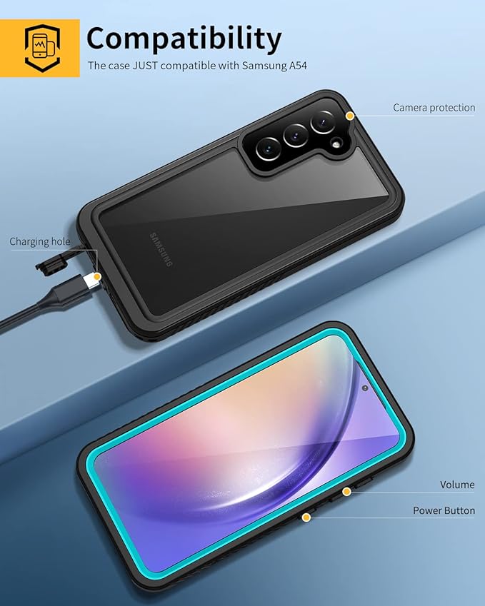 Lanhiem for Samsung A54 5G Case, Galaxy A54 5G Case, IP68 Waterproof Dustproof Cover with Screen Protector, Heavy Duty Full Body Protective Phone Case for Samsung Galaxy A54, Blue/Clear