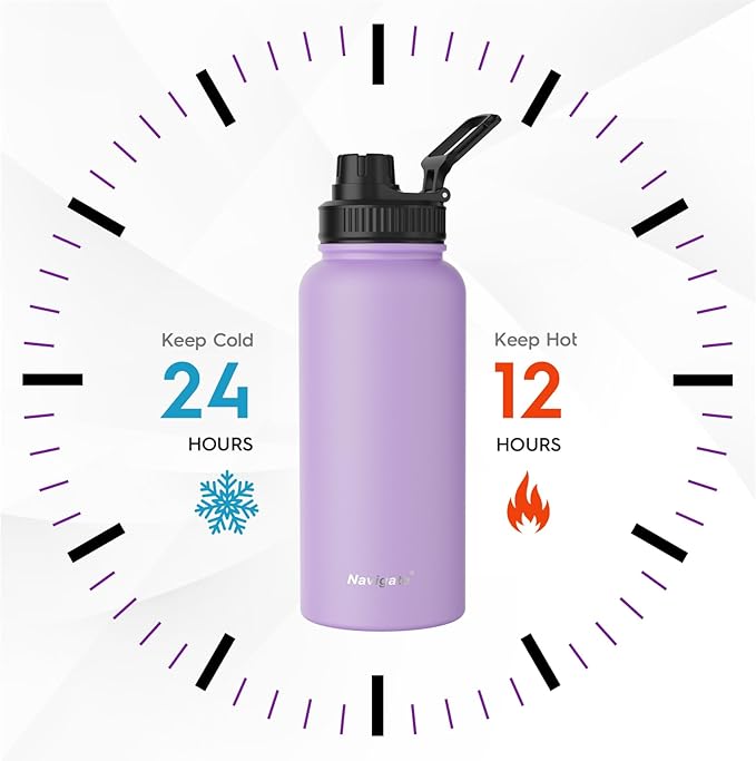 Navigate 32 oz Stainless Steel Insulated Water Bottle,Double Walled Leak Proof Keep Cold for 24 Hrs Hot for 12 Hrs,Wide Mouth Water Jug with Spout & Handle Lids,Purple