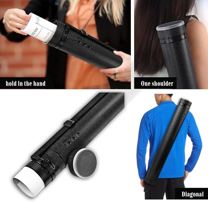 DEWEL Document Tube,Plastic Expanding Poster/Art/Document Storage Tube 24.5 to 40 inches Adjustable with Carrying Strap Waterproof and Light-Resistance Telescoping Carrying Case (Black-Large Size)