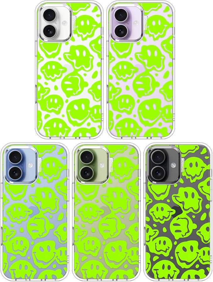 MOSNOVO for iPhone 17 Case | Military Grade 6.6ft Drop Tested | Camera Control | Clear with Distorted Green Smiles Face Design