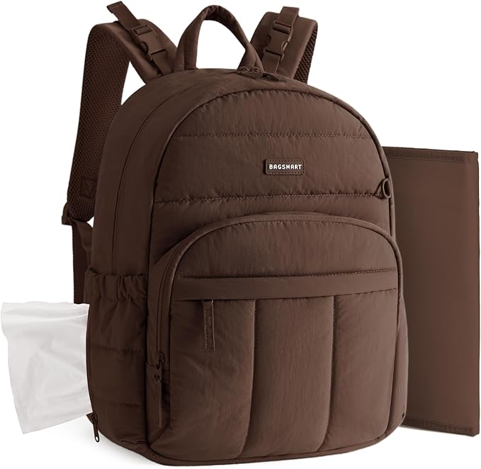 BAGSMART Diaper Bag Backpack, Multi-Pocket Puffy Diaper Bag with Waterproof Changing Pad, Lightweight Stroller-Friendly Diaper Bag with Insulated Pockets, Easy-Access Baby Essential, Coffee Brown