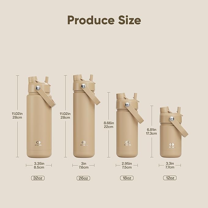 ENCOOL Insulated Water Bottle with Straw Stainless Steel Water Bottle, Leak-Proof, BPA-Free, Double Wall Vacuum Keeps Cold for 24 Hours for Sports, Travel, School (18 oz, Indian Khaki)