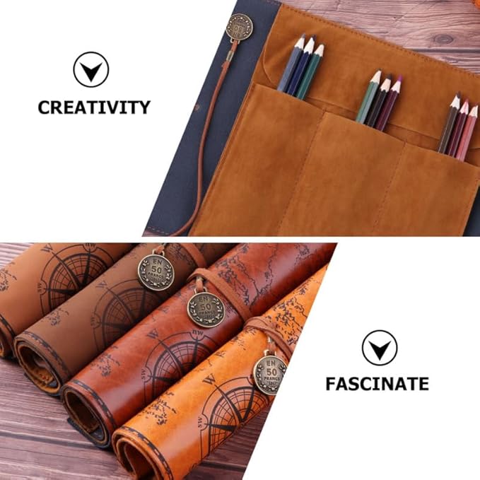 Cabilock Roll up Pencil Case Vintage Map Pu Leather Pencil Pouch Organizer for Artists Writers Travel School with Large Capacity and Secure Strap 2 Pack
