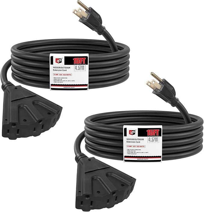 EP 2 Pack 15 Ft Outdoor Extension Cord with 3 Electrical Power Outlets - 16/3 SJTW Black Cable with 3 Prong Grounded Plug for Safety Great for Christmas Lights, Garden and Major Appliances