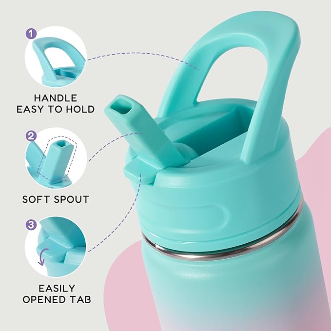Fijinhom 12oz Kids Water Bottle for School, Toddler Water Bottles with Straws, Insulated Water Bottles for Boys&Girls, Stainless Steel Vacuum Insulated Bottle for Kids, Leak-Proof, BPA-Free, aurora