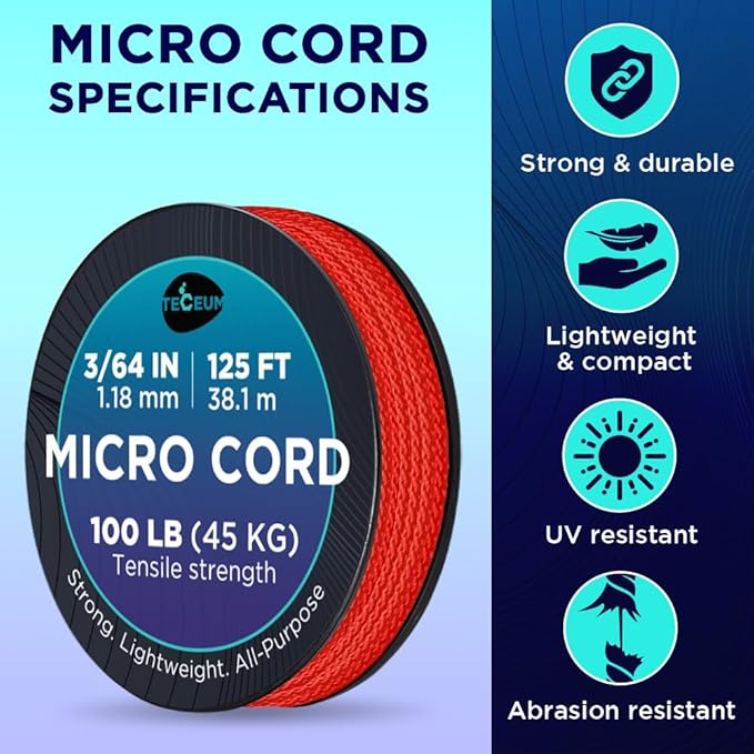 TECEUM Micro Paracord – 1.18 mm X 125 ft – Micro Utility Cord – Thin Braided Paracord Rope – Best for Crafting, DIY Projects, Fishing, Camping – Wind Chime Replacement – Survival Strong String