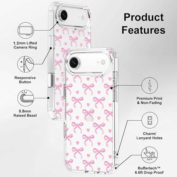 MOSNOVO for iPhone Air Case | Military Grade 6.6ft Drop Tested | Camera Control | Clear with Bowtiful Love Design