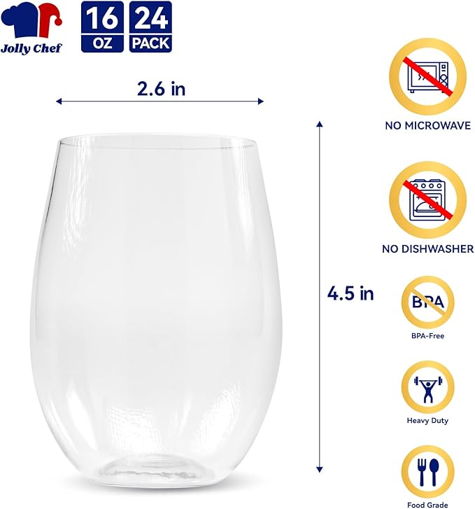 JOLLY CHEF 24 Pack 16oz Plastic Wine Glasses Stemless, Disposable Wine Cups, Premium Quality, Recyclable, Unbreakable, Ideal for Wedding, Birthday, Party, Christmas