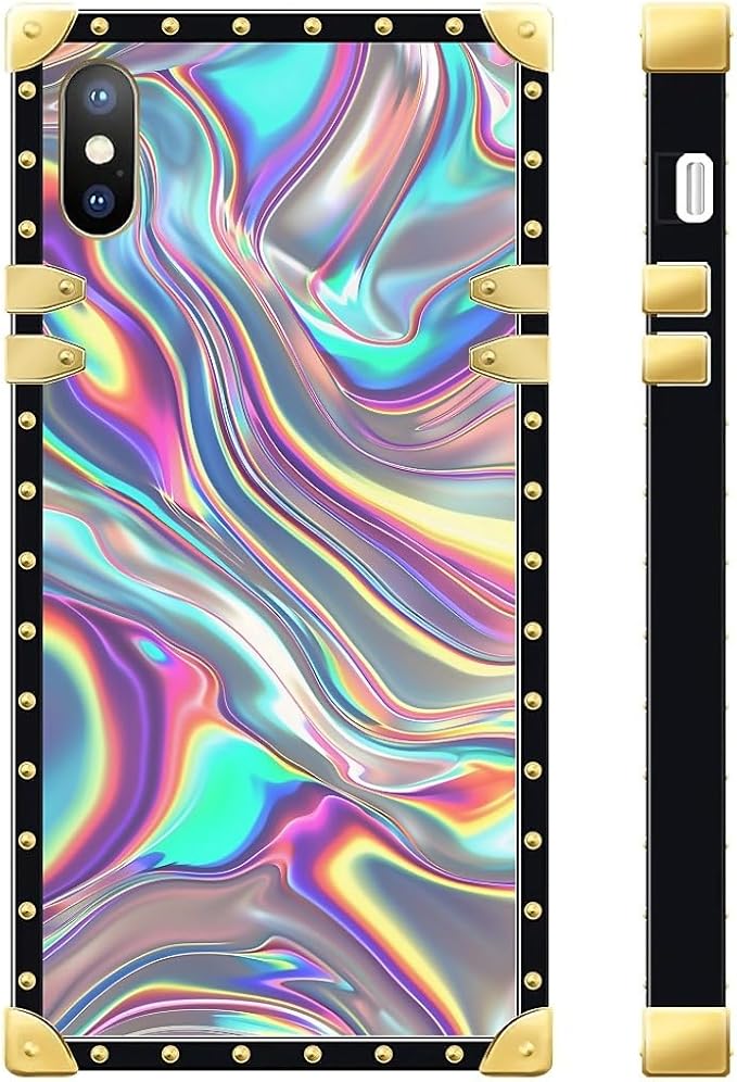 Compatible with iPhone Xs Max Case, Holographic Abstract Iridescent Textures Luxury Golden Decoration for Girl Women Soft TPU Shockproof Protective Hard PC Back for iPhone Xs Max