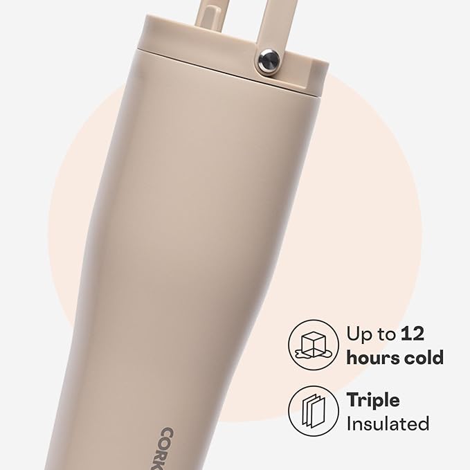 Corkcicle Go Cup XL - Leak-Proof Travel Tumbler - Triple Insulated Stainless Steel Water Bottle - Easy-Carry Handle - Summer Drinkware Gift - Keeps Drinks Ice Cold - 30 oz - Desert