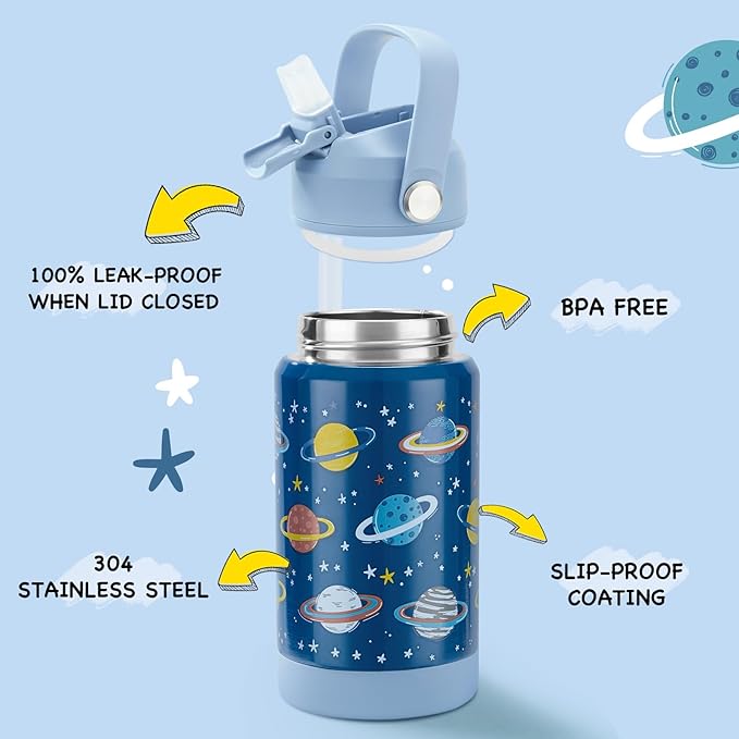Kerilyn 12oz Kids Water Bottle 2 Pack, Stainless Steel Insulated Water Bottle Bulk, Toddler Cups with Straws Leak-Proof, Kids Water Bottles for School Boys Girls, BPA Free, 2 Piece Set Planet + Kitty