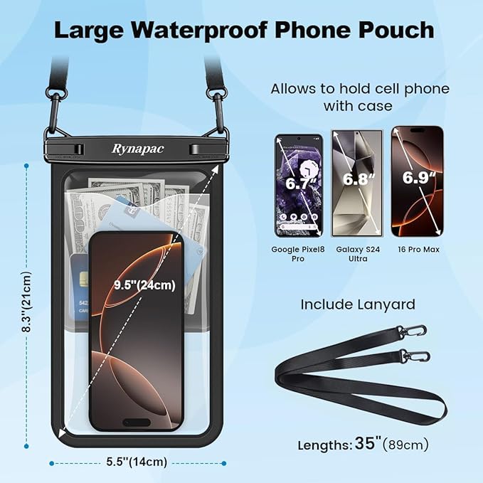 Rynapac [Up to 10" Large Waterproof Phone Pouch - 2 Pack IPX8 Waterproof Phone Case for iPhone 17 16 15 Pro Max Galaxy S26 Ultra, Touchscreen & Underwater Photography, Beach Cruise Travel Essentials