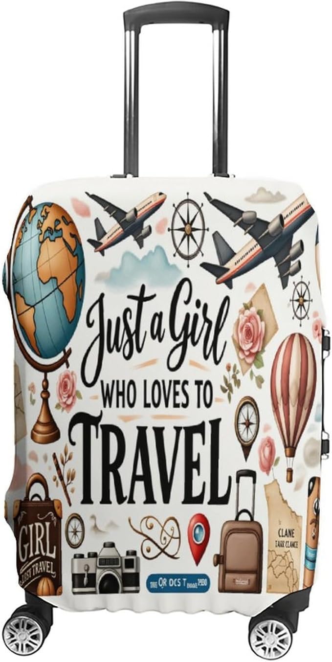 Travel Girl Adventure Globe Airplane Suitcase Camera Map Stretch Luggage Cover, Washable Suitcase Protector Fits 19-21in Cases, Secure Fit for Carry On Checked Bags, Travel Essentials