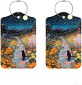 2Pcs Black Cat Pumpkin Luggage Tags, 2.83x4.53 Halloween Suitcase ID Labels with Privacy Cover, Aesthetic Starry Night Bag Tags for Backpacks, Fall Autumn Travel Accessories, Set of 2